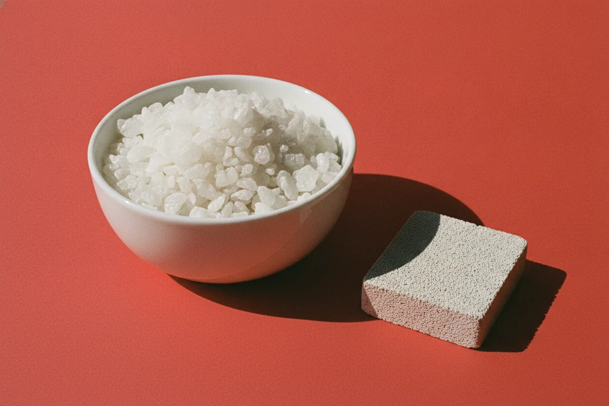 White ceramic bowl heaped with coarse bath flakes beside a gray pumice stone on a bright red background under harsh flash