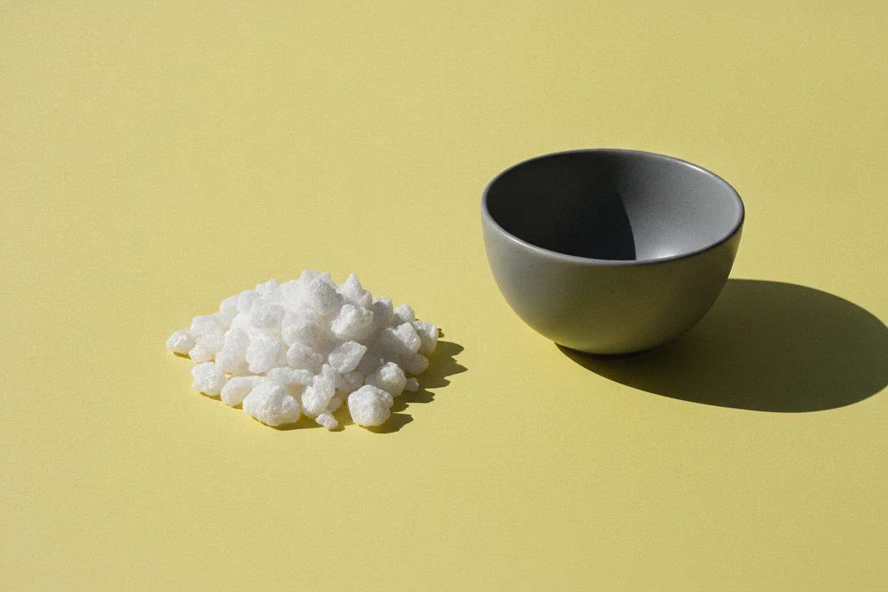 A mound of white crystalline bath flakes beside an empty charcoal ceramic bowl on a plain butter-yellow background under hard flash