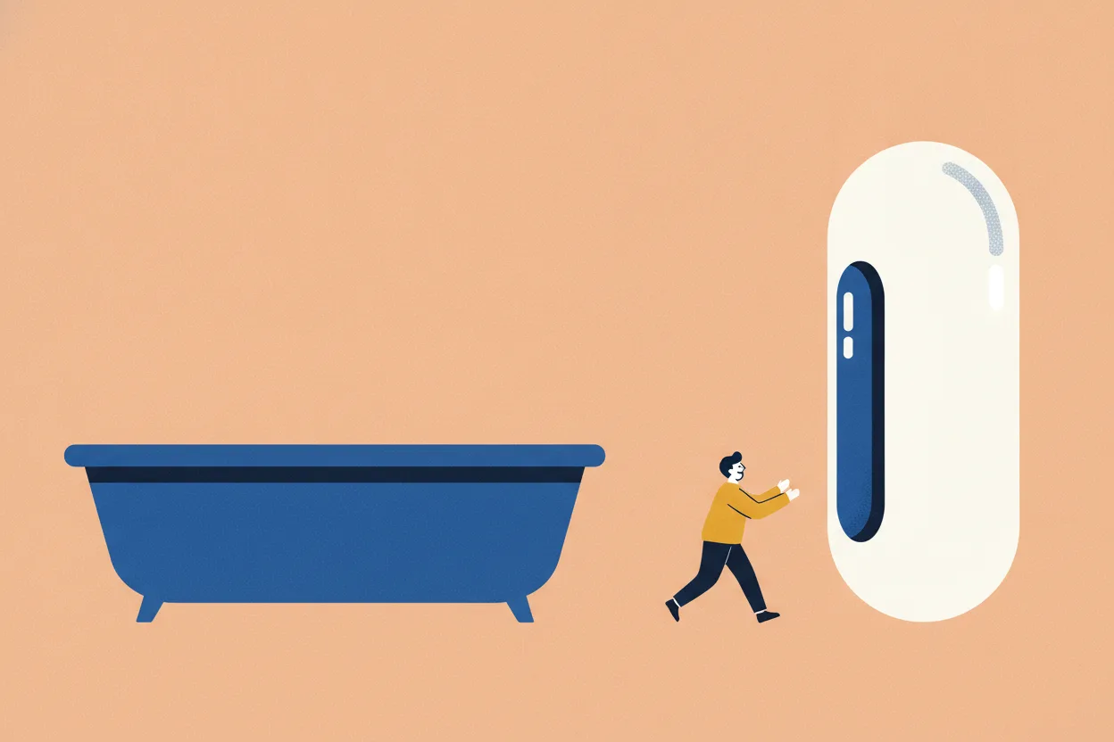 Illustrated figure in a mustard sweater walks past an empty blue bathtub toward a giant white capsule shaped like a doorway
