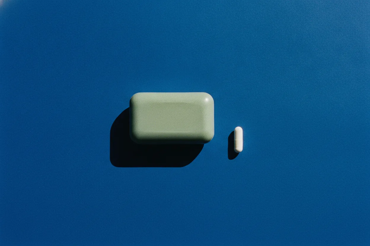 A sage-green soap bar and a small white capsule on a bright cobalt-blue paper background under hard flash