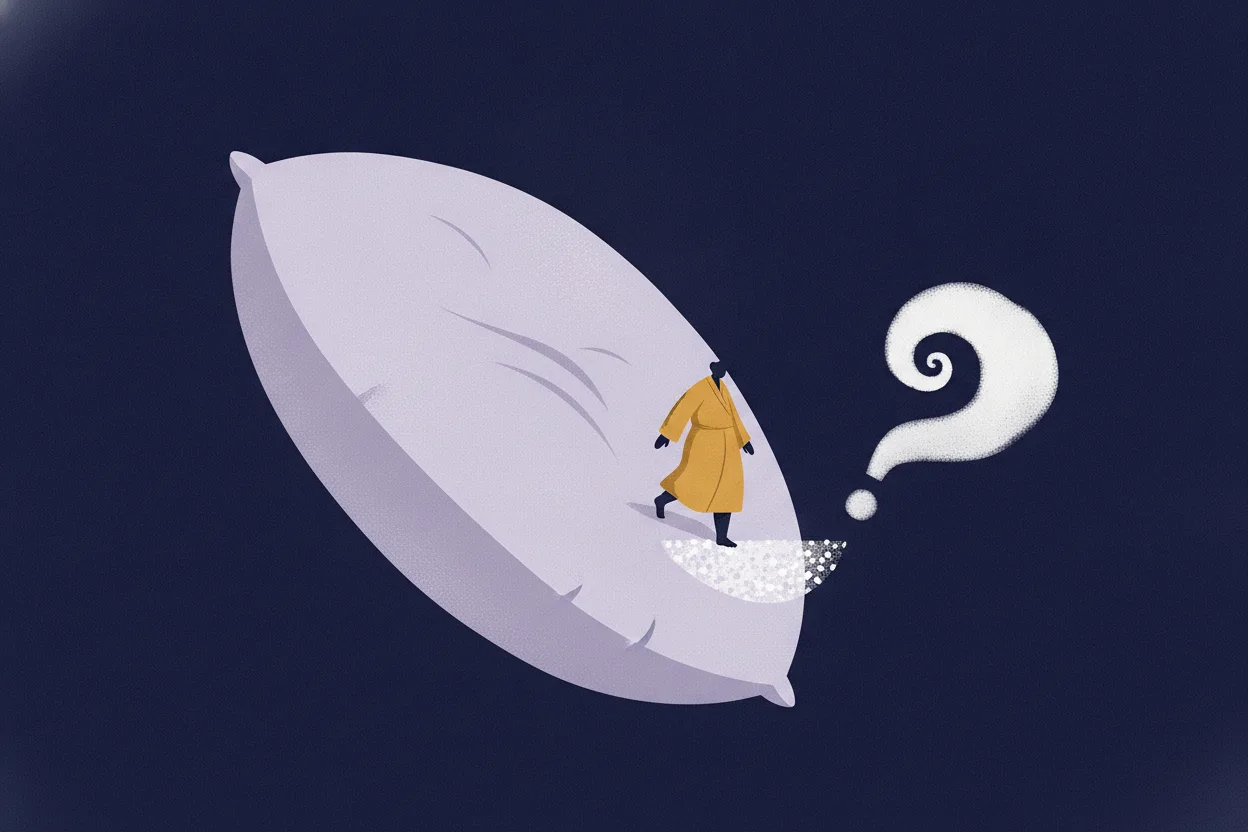 Tiny flat figure in a mustard robe stands on a giant lavender pillow floating in a navy night sky, dipping a toe into salt.