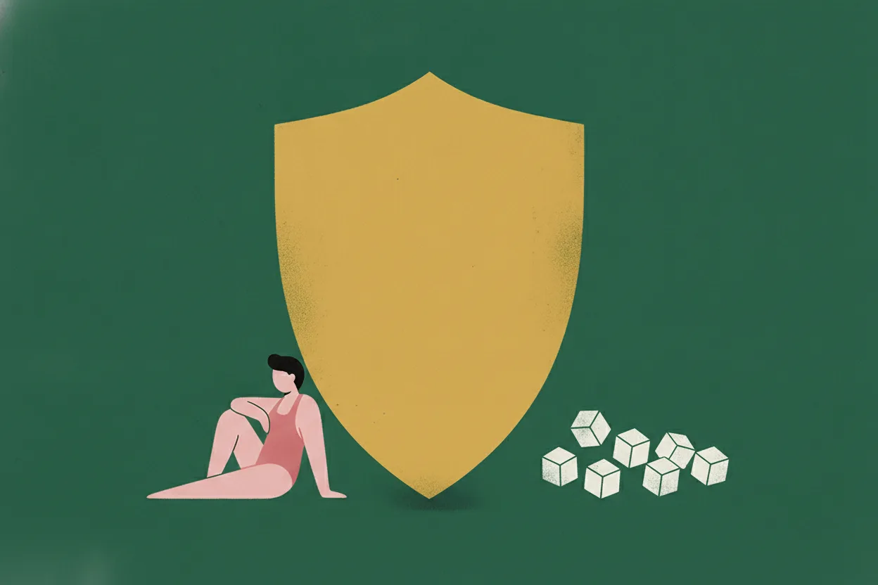 Stylised flat figure leans on a large yellow shield while small white crystal cubes sit on the other side against a green background