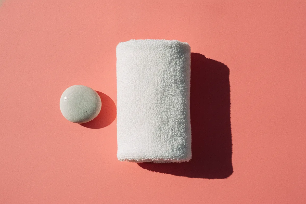 A folded white terry towel and a smooth pale river stone side by side on a bright coral-pink background with sharp shadows