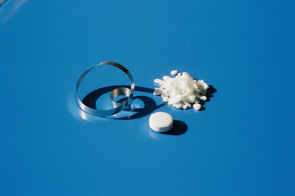 Curled silvery magnesium ribbon beside a small heap of white flakes and a chalky tablet on glossy cobalt-blue surface