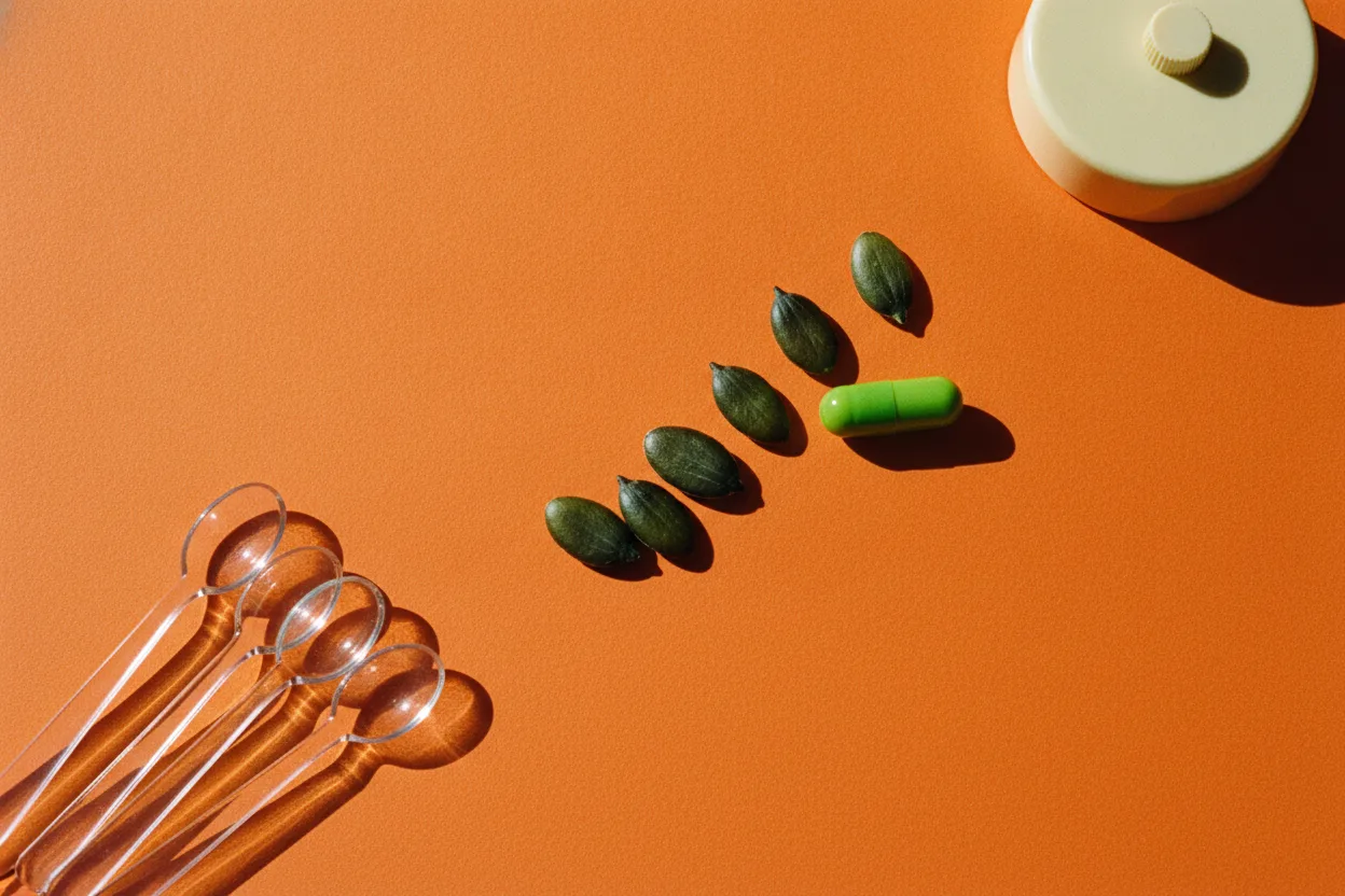 Pumpkin seeds, an open green capsule and nested glass measuring spoons on bright orange paper beside a cream wind-up kitchen timer