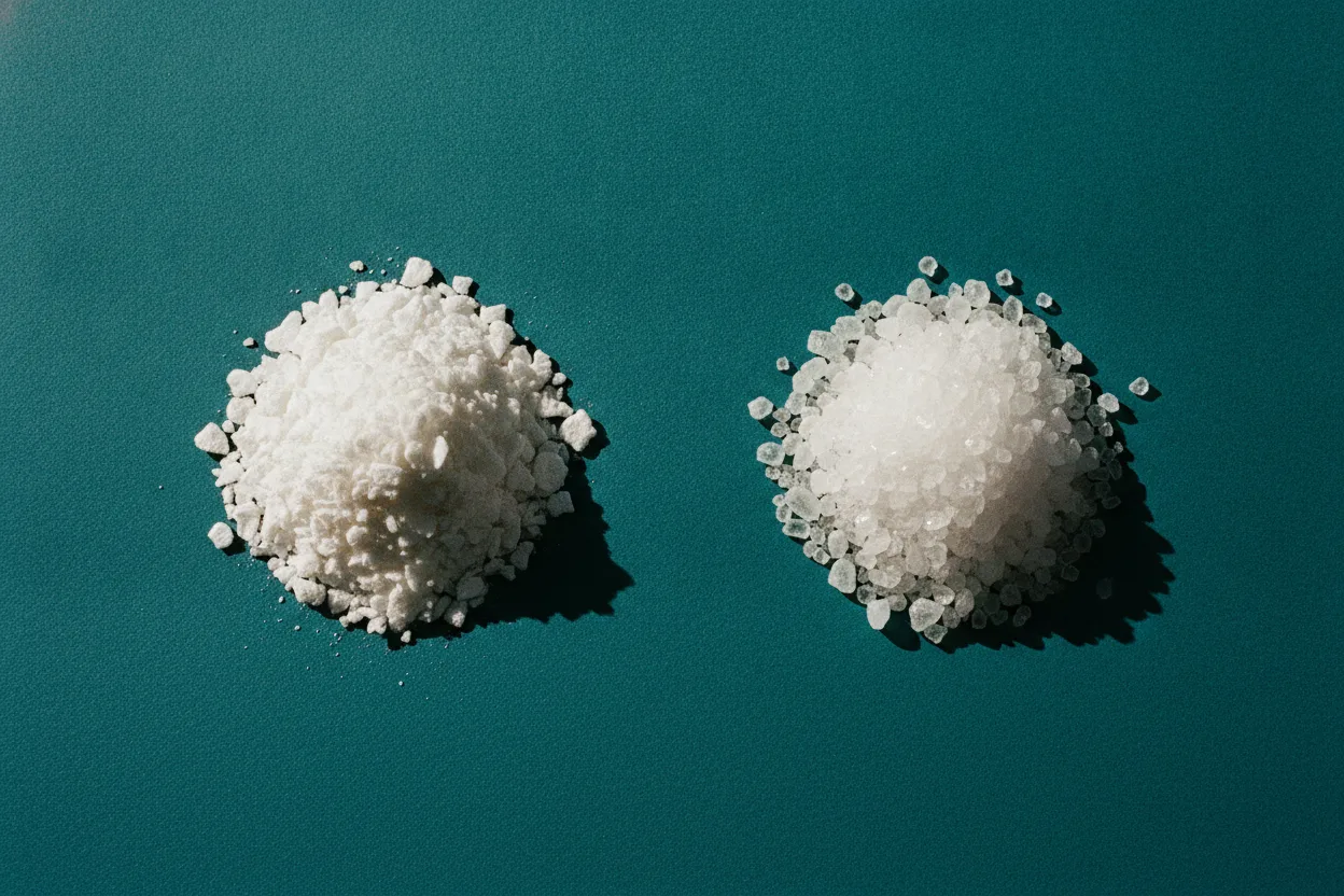 Two separate mounds of white bath salts, flat magnesium flakes and chunky Epsom crystals, on a deep teal paper background under harsh flash