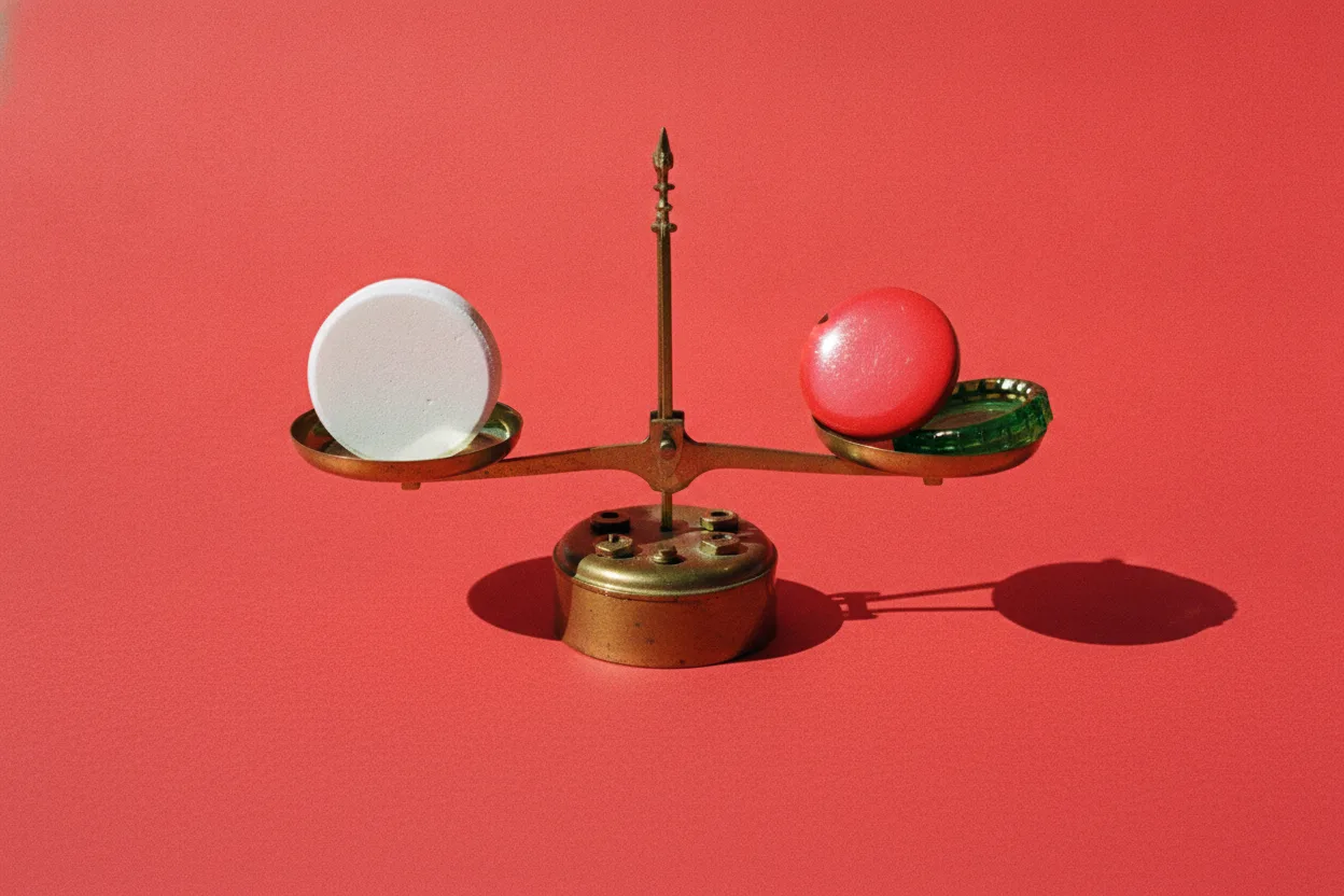 White magnesium tablet on one pan of a brass balance scale against a red backdrop, with a red button and green bottle cap opposite