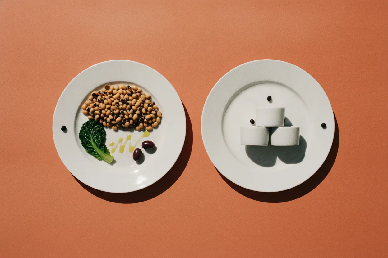Two white plates on a terracotta surface, one with black-eyed peas, collard greens and olives, the other with stacked measuring cups.