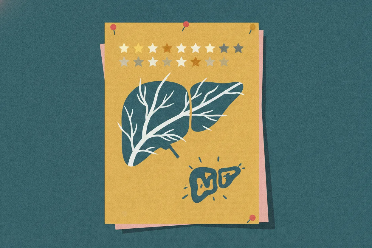 Illustrated marbled milk thistle leaf pinned like a report card, with gold and gray star stickers and a liver-shaped stamp