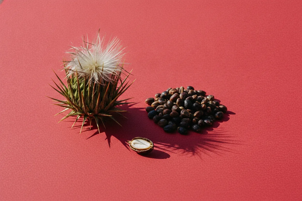 Dried milk thistle seed head with spiny bracts and silky pappus beside scattered speckled seeds on a bright red backdrop