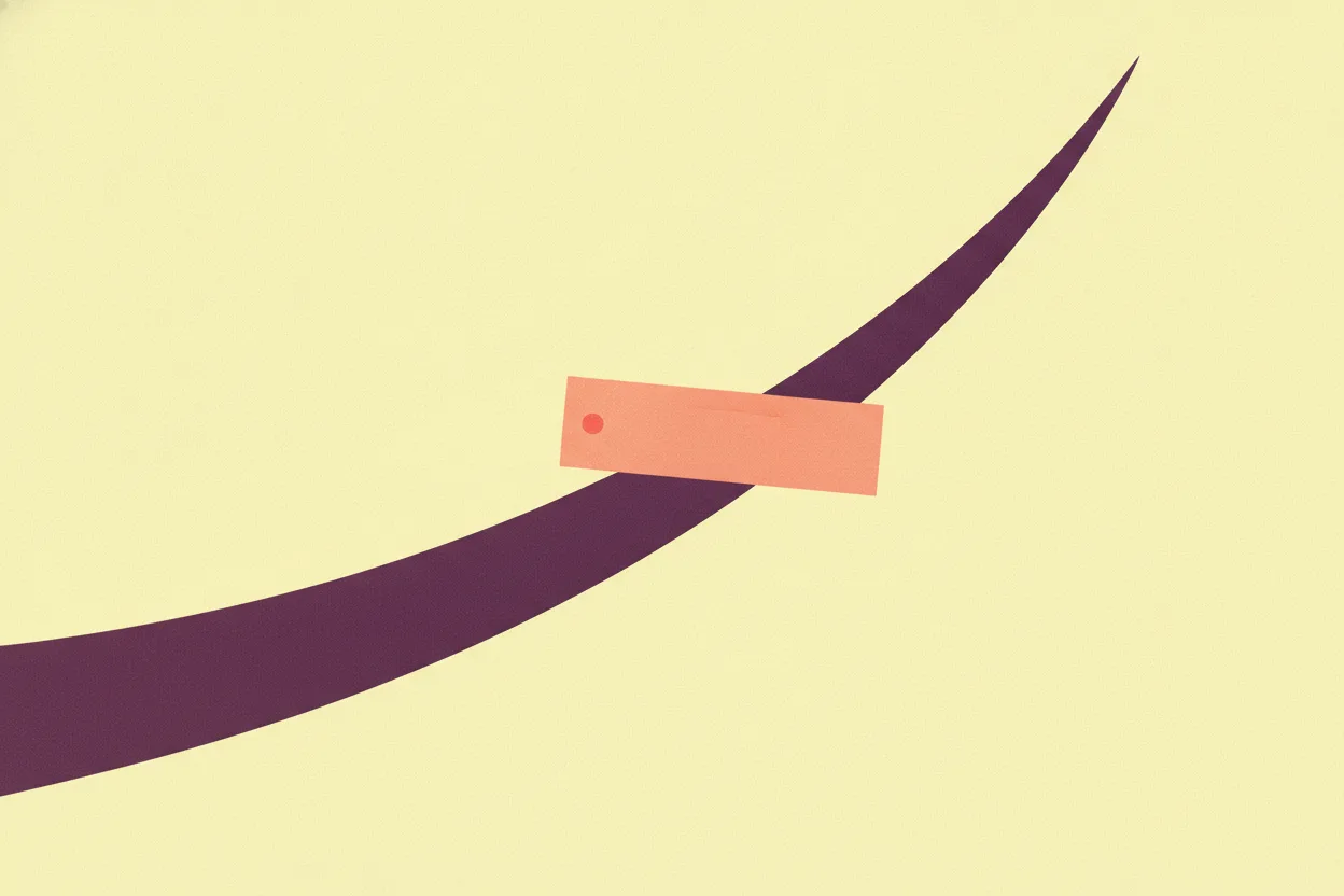 Flat illustration of a thick plum curved jawline with a peach rectangular tape strip laid across it on a lemon-yellow background