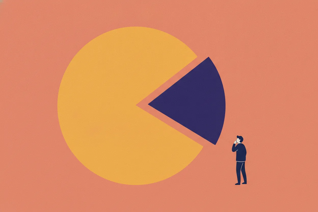 Flat illustration of a saffron pie chart with a violet third-sized wedge pulled out, and a small navy figure standing beside it on coral
