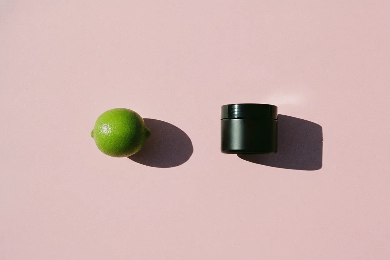 A green lime and a squat black-capped jar sit apart on a flat pink background, casting sharp flash shadows.