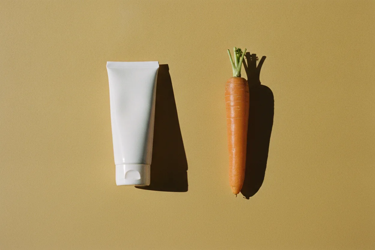 A white cosmetic tube lying beside a whole carrot on a mustard-ochre paper background, lit with harsh flash and sharp shadows