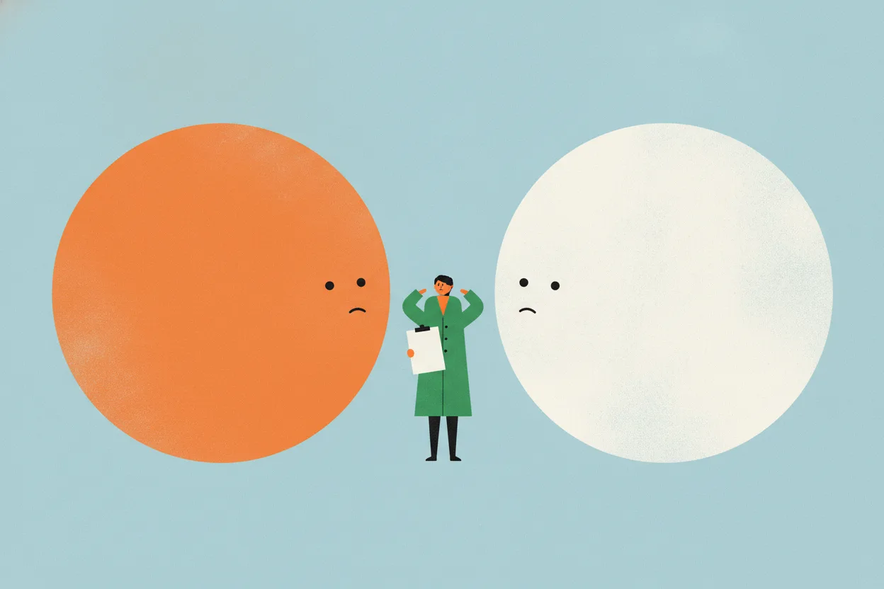 Illustration of an orange half-circle and a white half-circle facing each other with a small green-coated figure shrugging in the gap between them