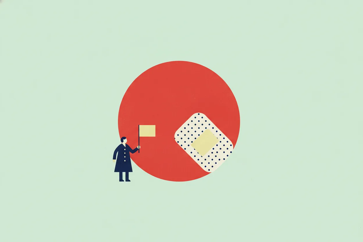 Flat illustration of a large red circle with a cream patch on it, and a tiny figure in navy standing beside it holding a flag