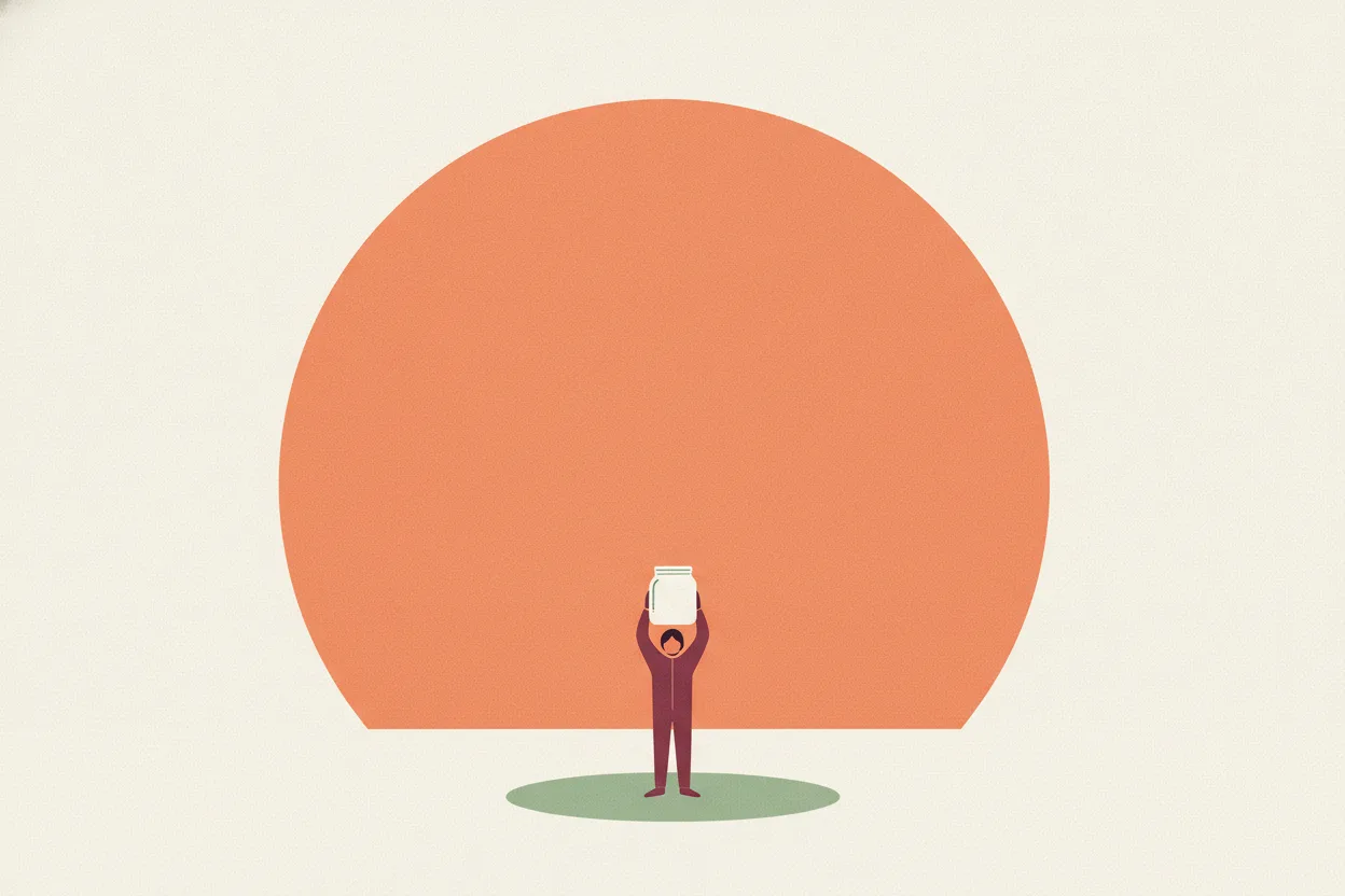 Tiny flat figure in a plum jumpsuit holds a white jar overhead like an umbrella beneath a huge peach sun
