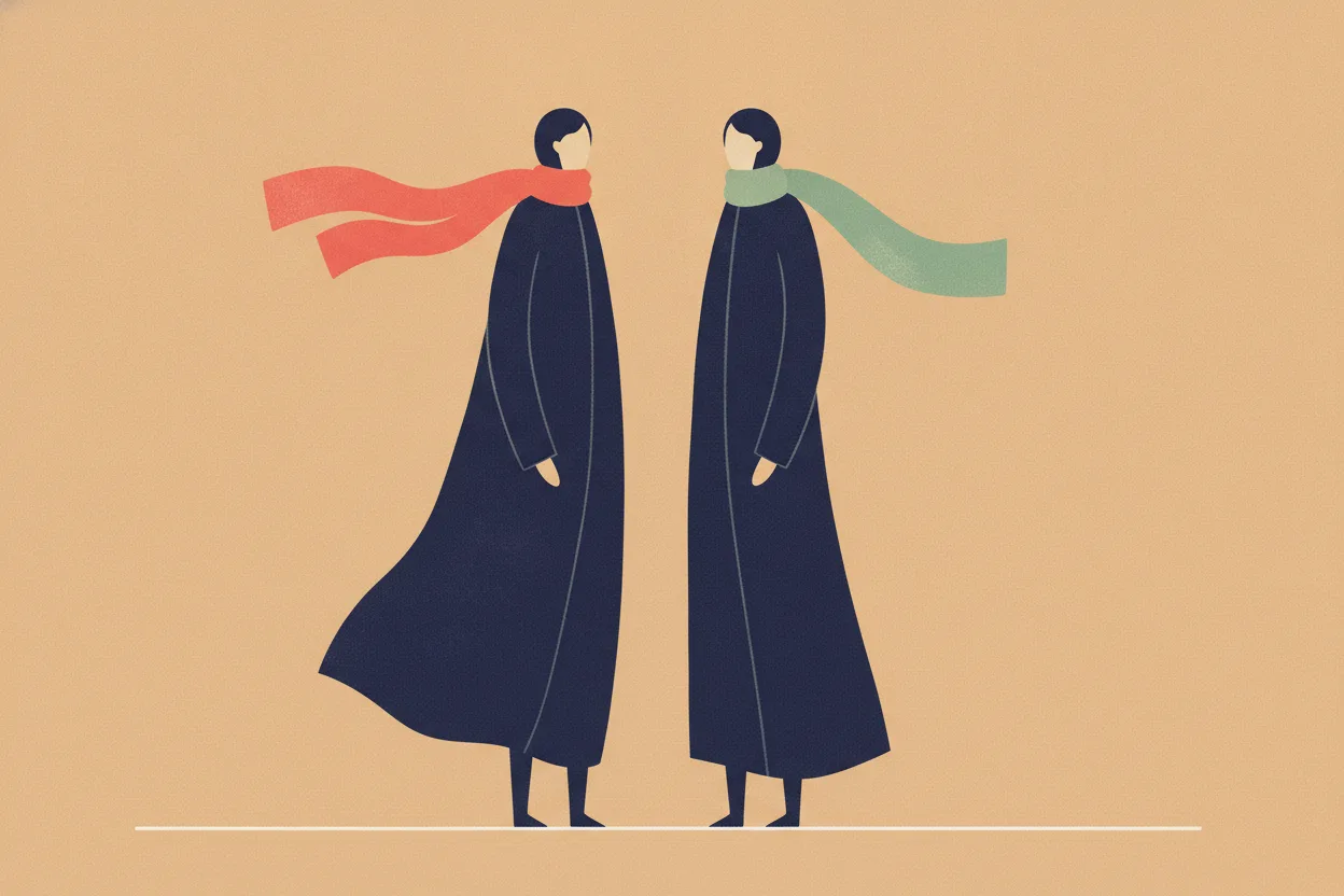 Two matching stylised figures in indigo coats, one with a coral red scarf and one with a calm sage green scarf, on sand.