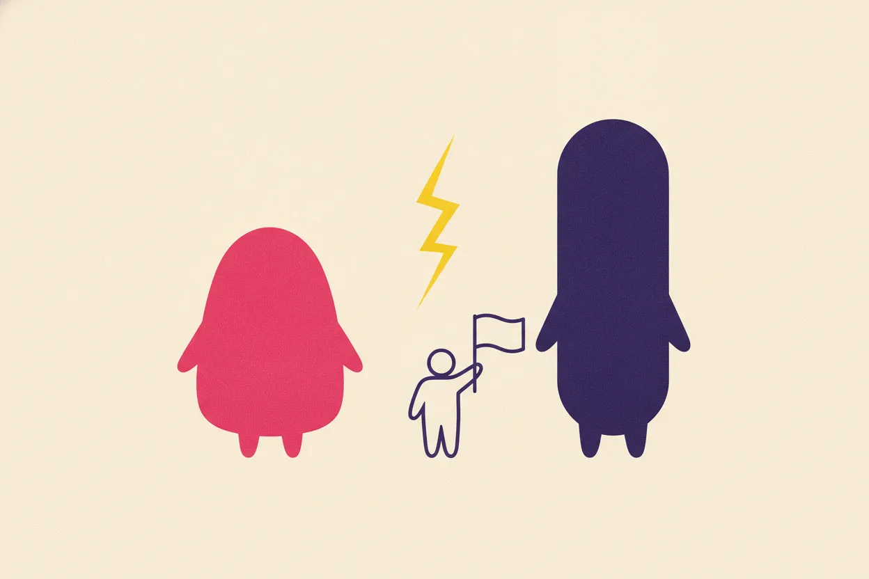 Pink round pebble and tall violet capsule stand apart while a tiny flat referee figure holds a white flag between them under a yellow zigzag spark
