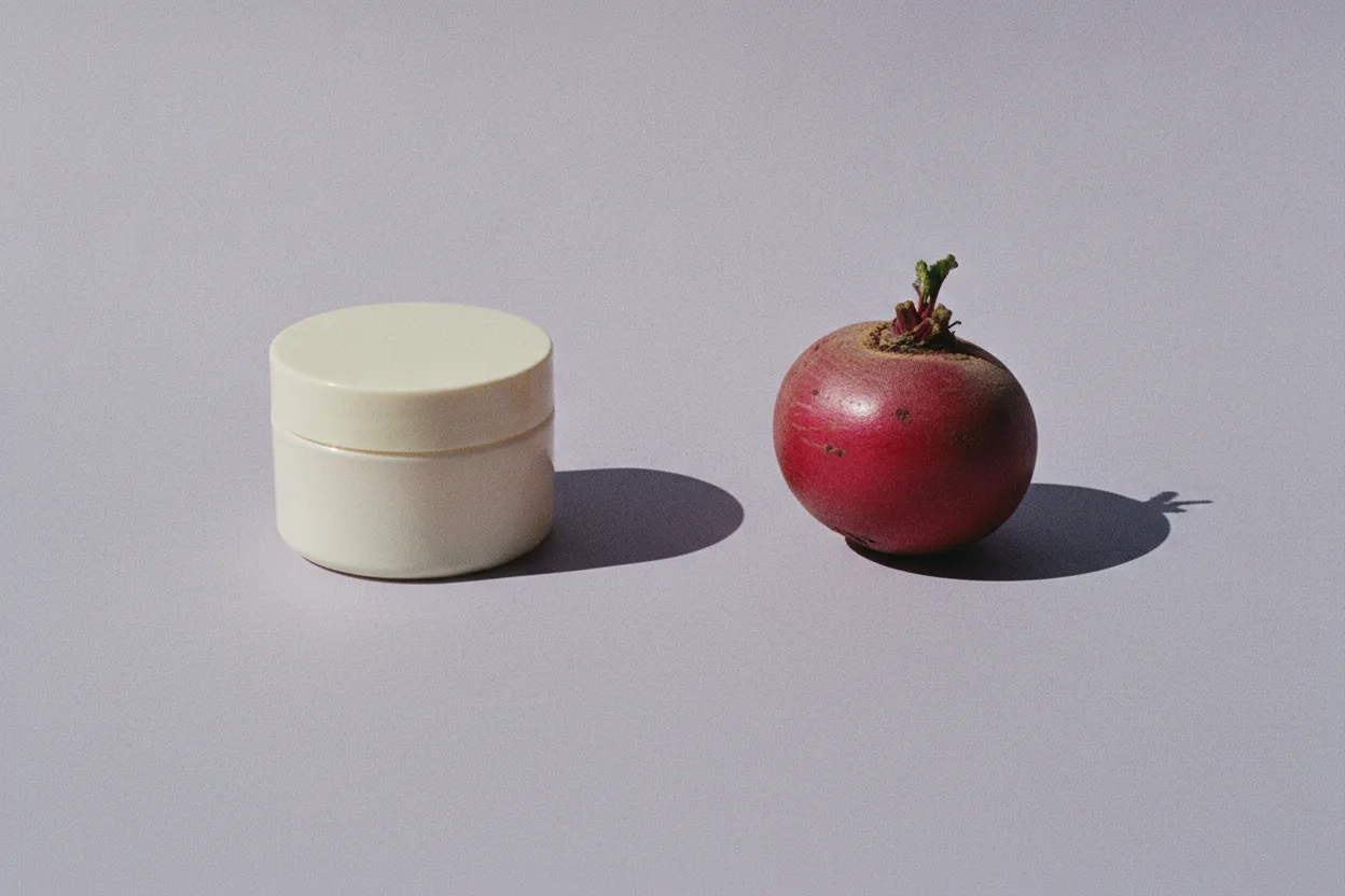 A plain cream cosmetic jar and a whole raw beetroot sit apart on a lilac-grey surface, lit by hard flash