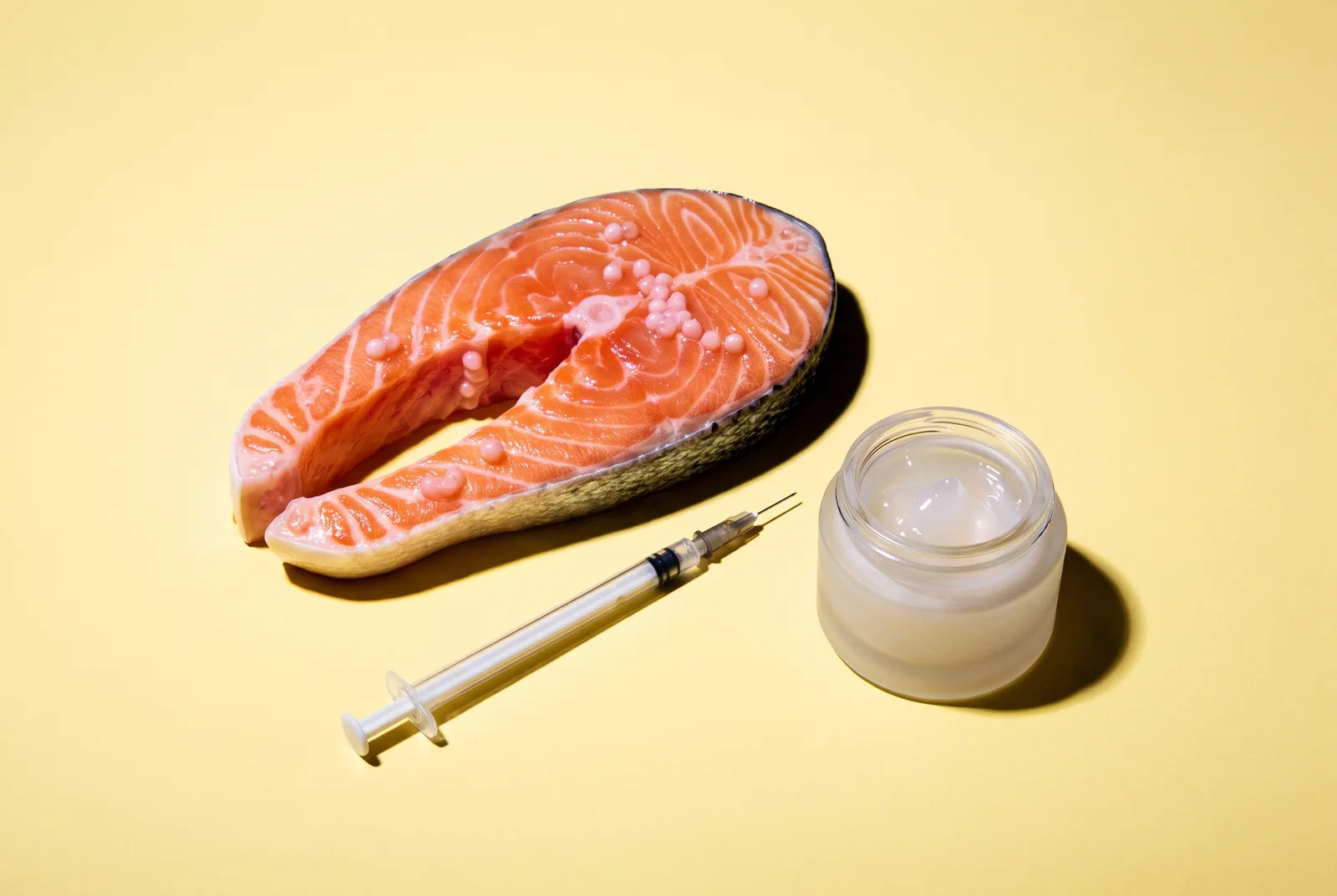 Raw salmon steak on butter-yellow paper beside a glass syringe and an open frosted serum jar of pearly gel