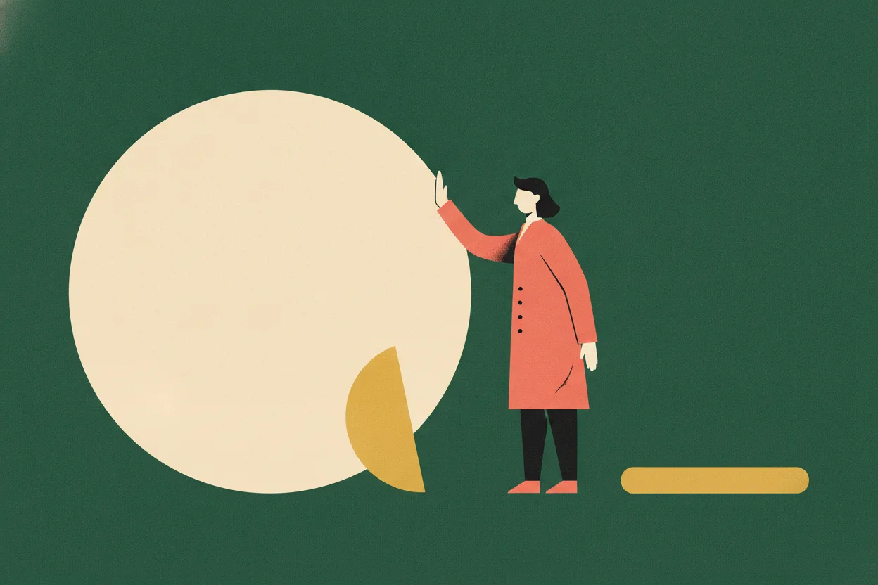 Stylised flat figure in a coral coat raises a palm toward a slim tube beside a cream circle on a deep green background