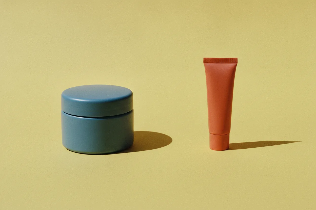 A squat slate-blue jar and a slim terracotta tube stand apart on a butter-yellow surface, casting hard shadows.