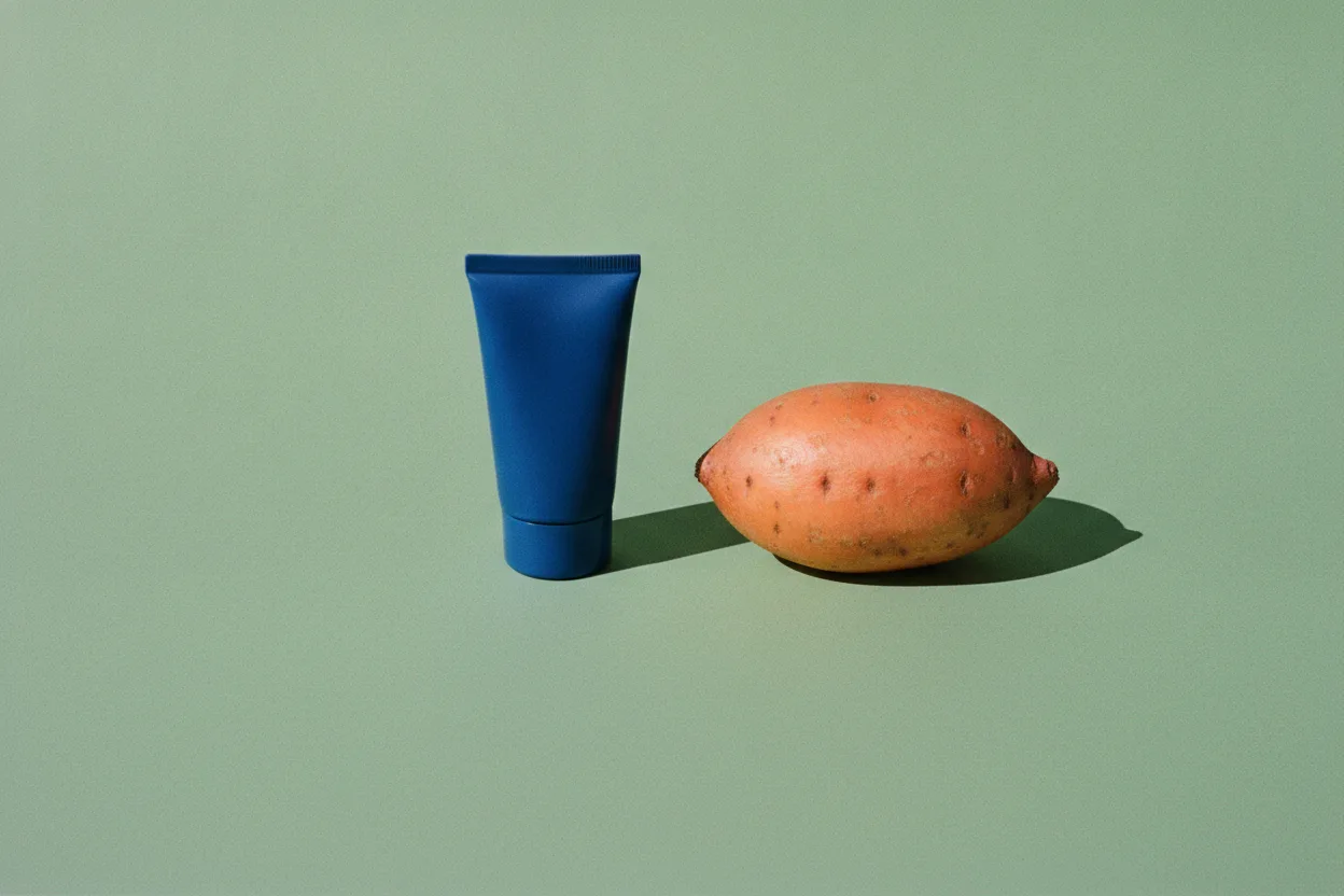A blue cosmetic tube with a plain cap stands beside a whole sweet potato on a sage-green background under hard flash.