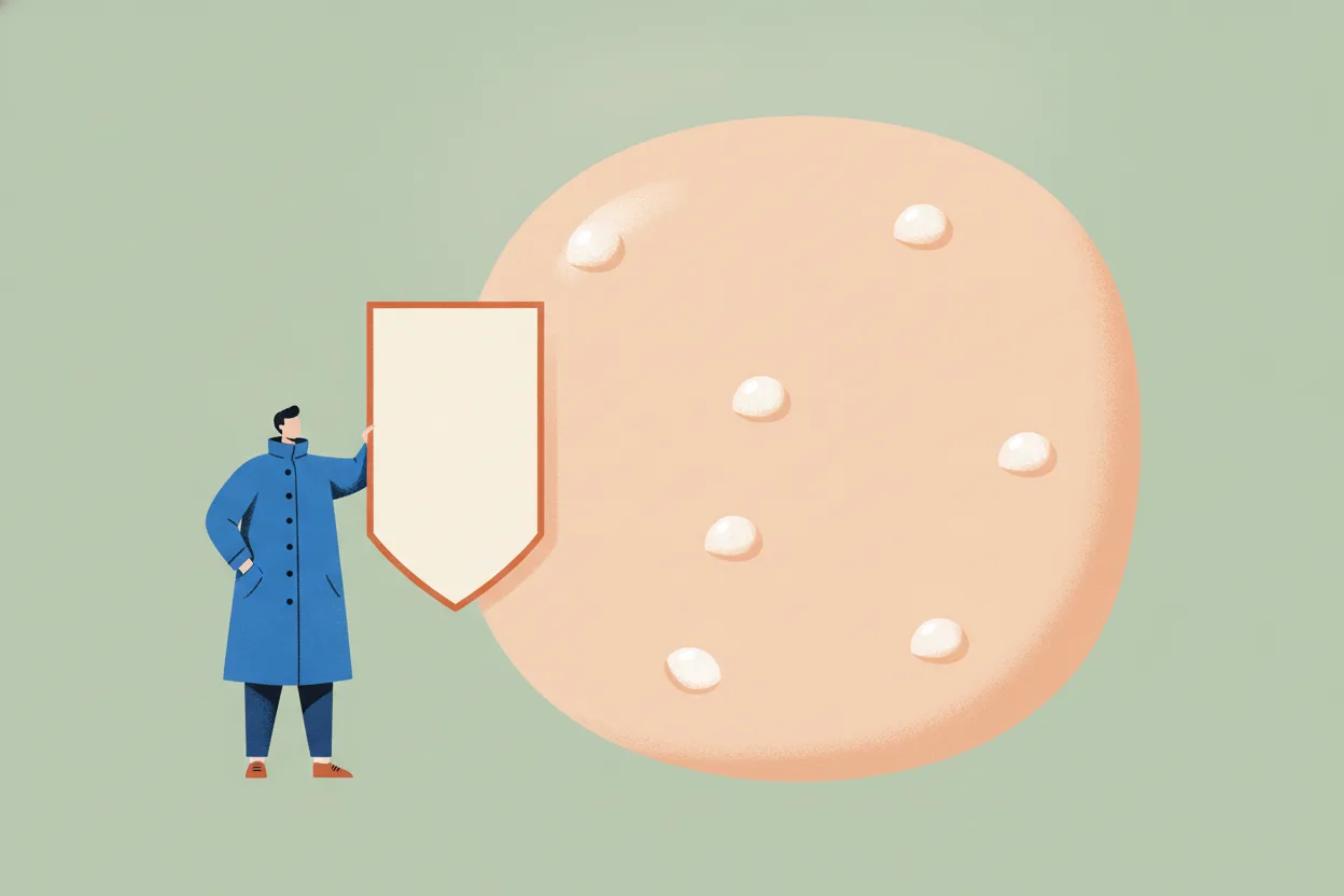 Stylised blue-coated figure shrugging beside a large peach cheek shape dotted with tiny white bumps, holding a blank cream board