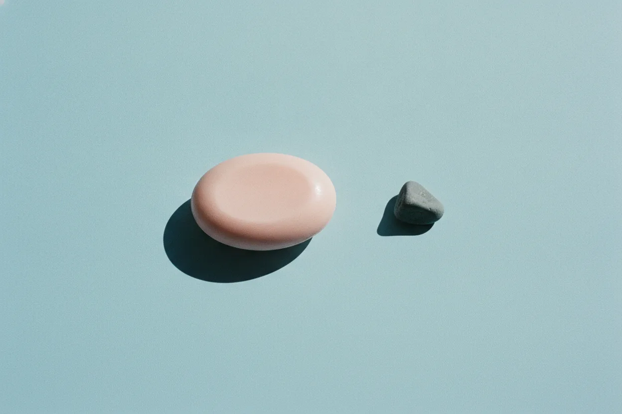 A pale pink bar of soap and a small grey stone sit apart on a pale blue paper surface under hard flash