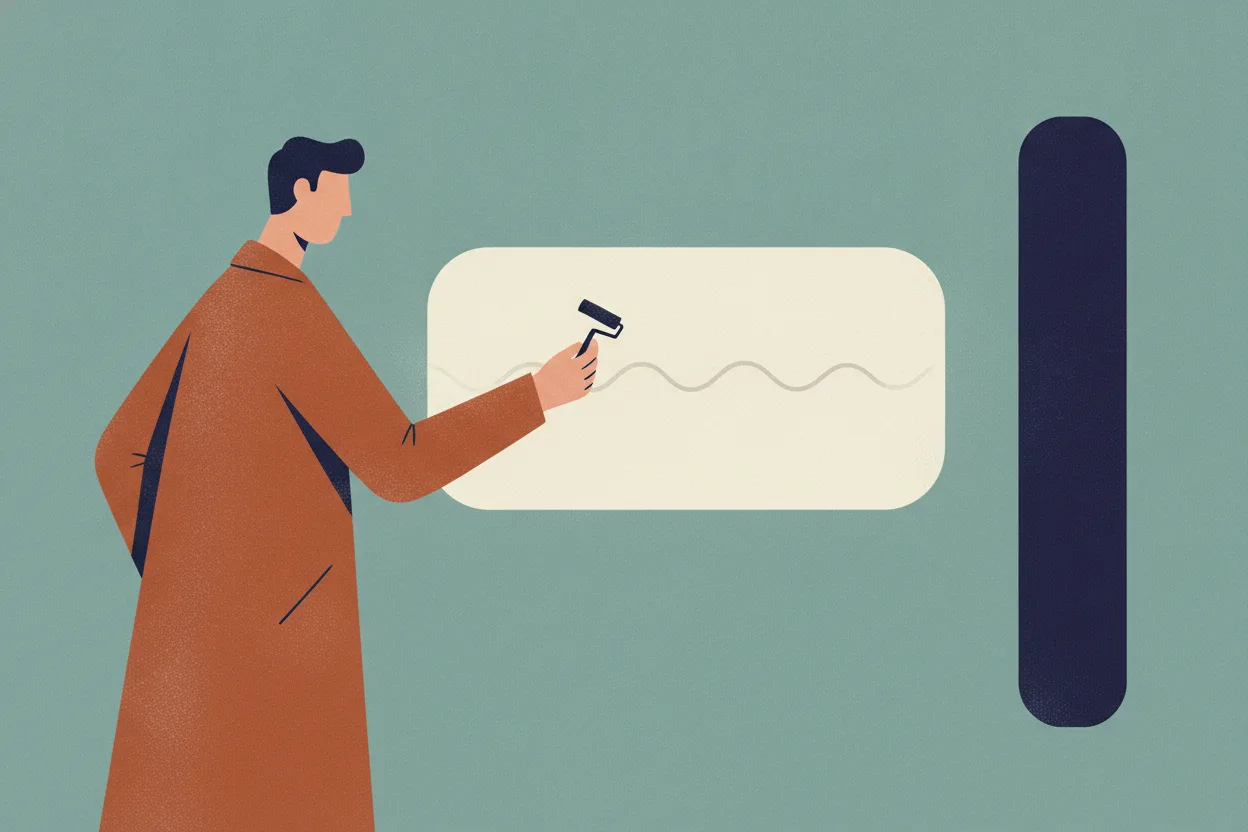 Flat illustration of a figure in a rust coat softening a faint wavy line on a cream panel, beside a taller indigo bar.