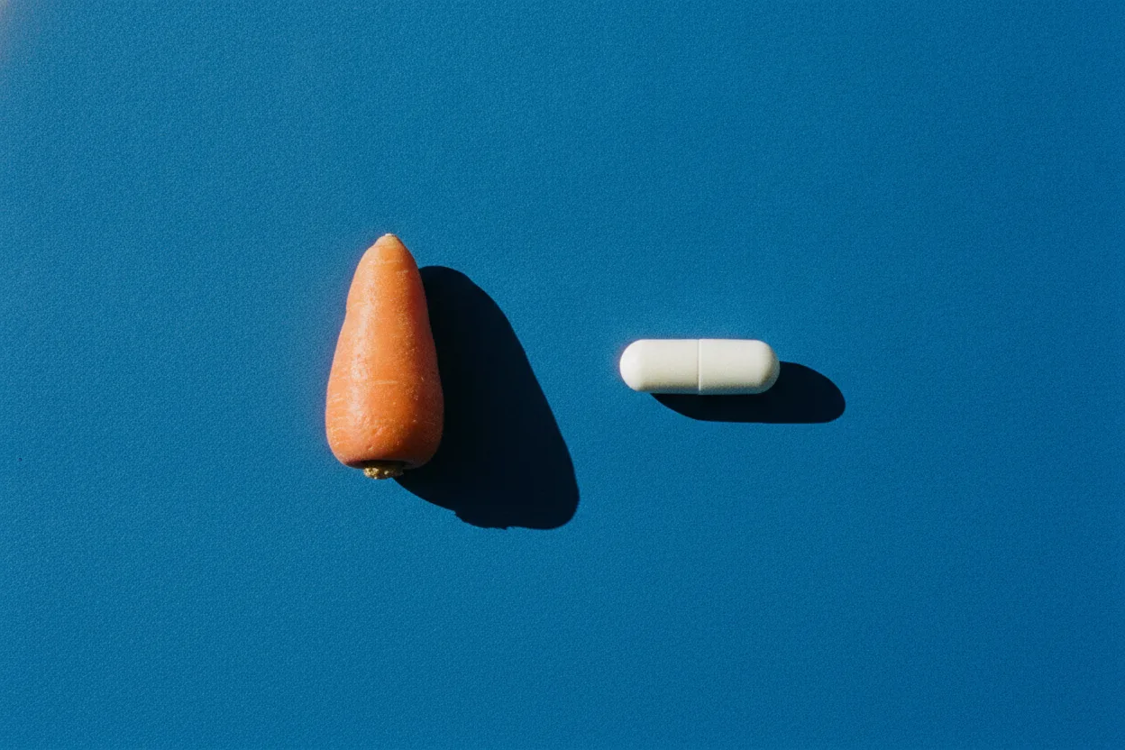 A single carrot standing upright beside a white capsule on a bright cobalt-blue background, lit by hard flash with sharp shadows