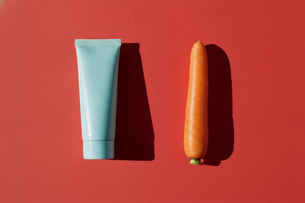 A pale-blue screw-cap tube stands upright beside a single whole carrot lying on bright red paper, lit by harsh flash.