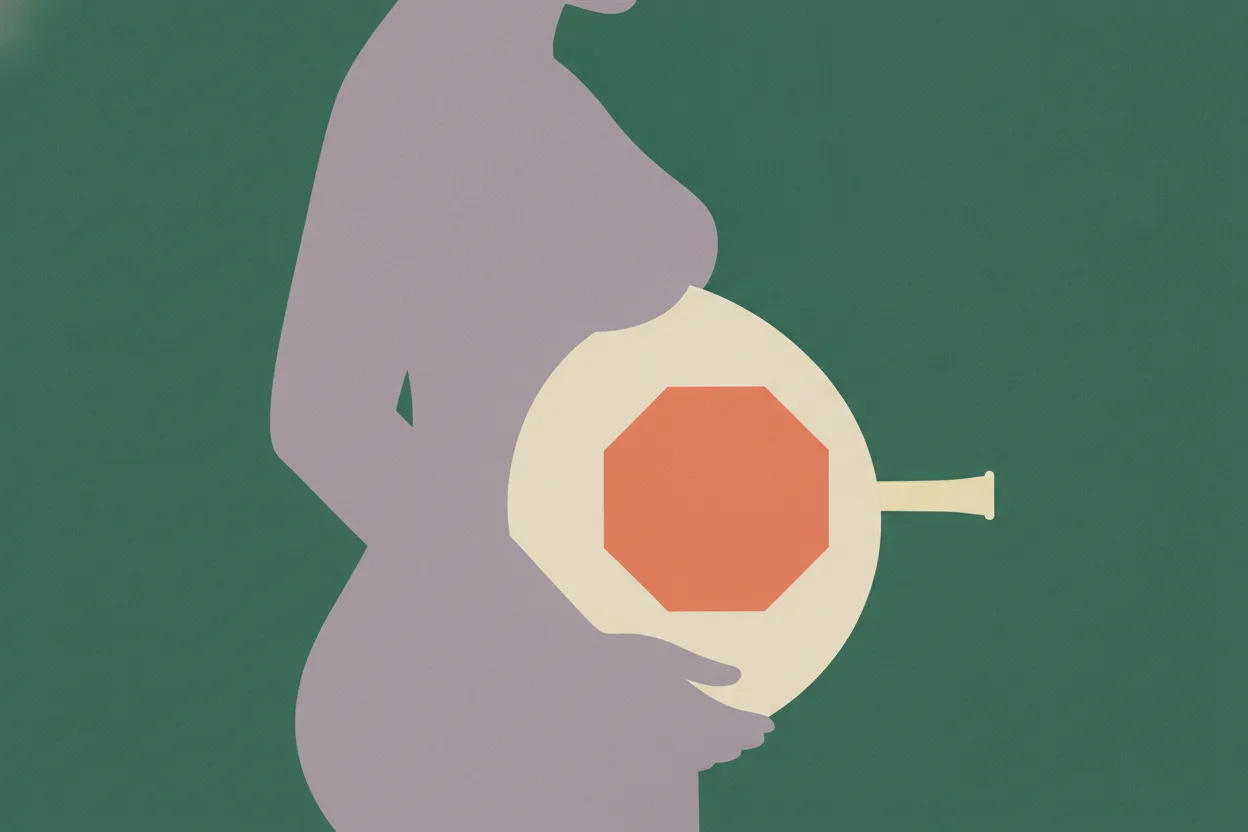Flat illustration of a pregnant figure in profile with a coral octagon in front of the belly and a small yellow tube beside it