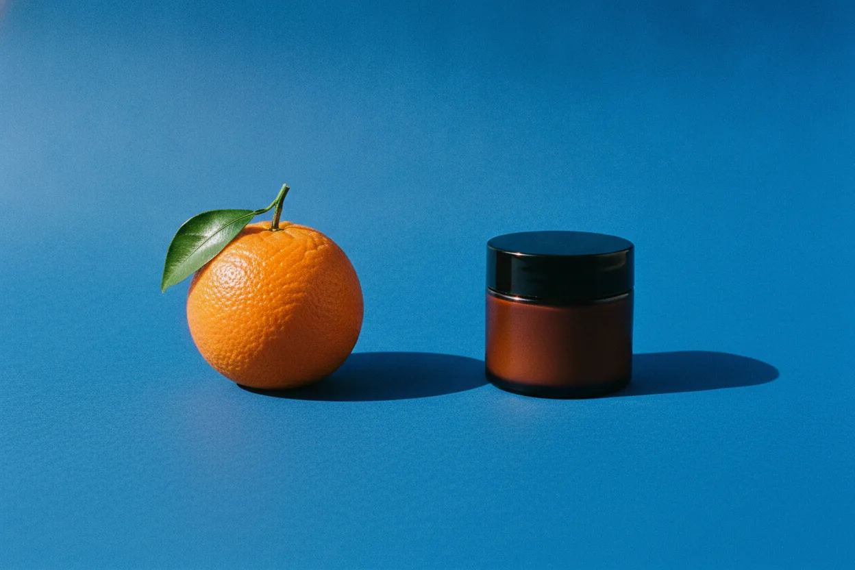 An orange with a green leaf and a small amber jar with a black cap, spaced apart on bright blue paper