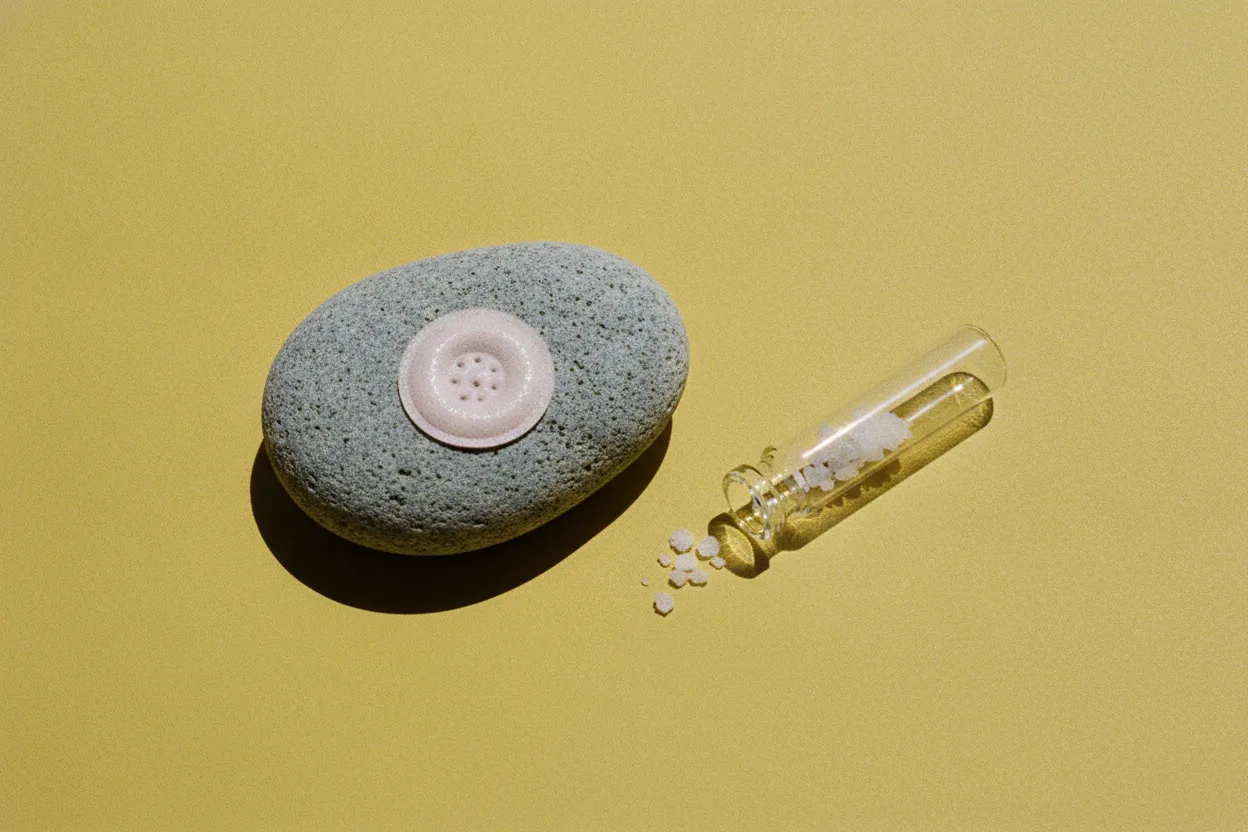 A pink round corn pad on a gray river stone beside a glass vial spilling white crystals on mustard yellow
