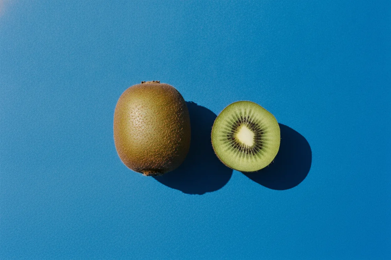 A whole fuzzy brown kiwi and a halved kiwi showing green flesh and dark seeds on a bright cobalt blue background