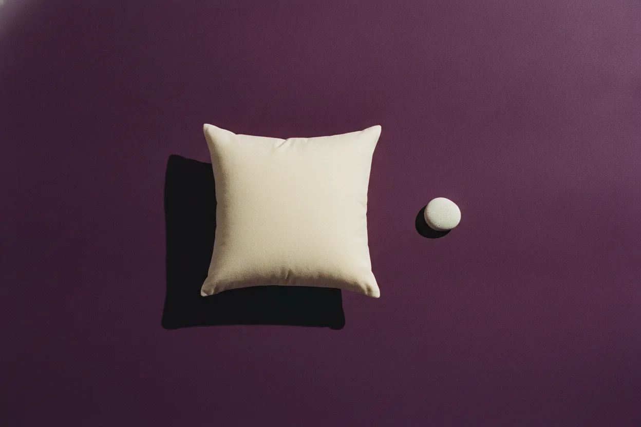 A single cream pillow standing upright beside a small round white stone on a deep plum backdrop under hard flash