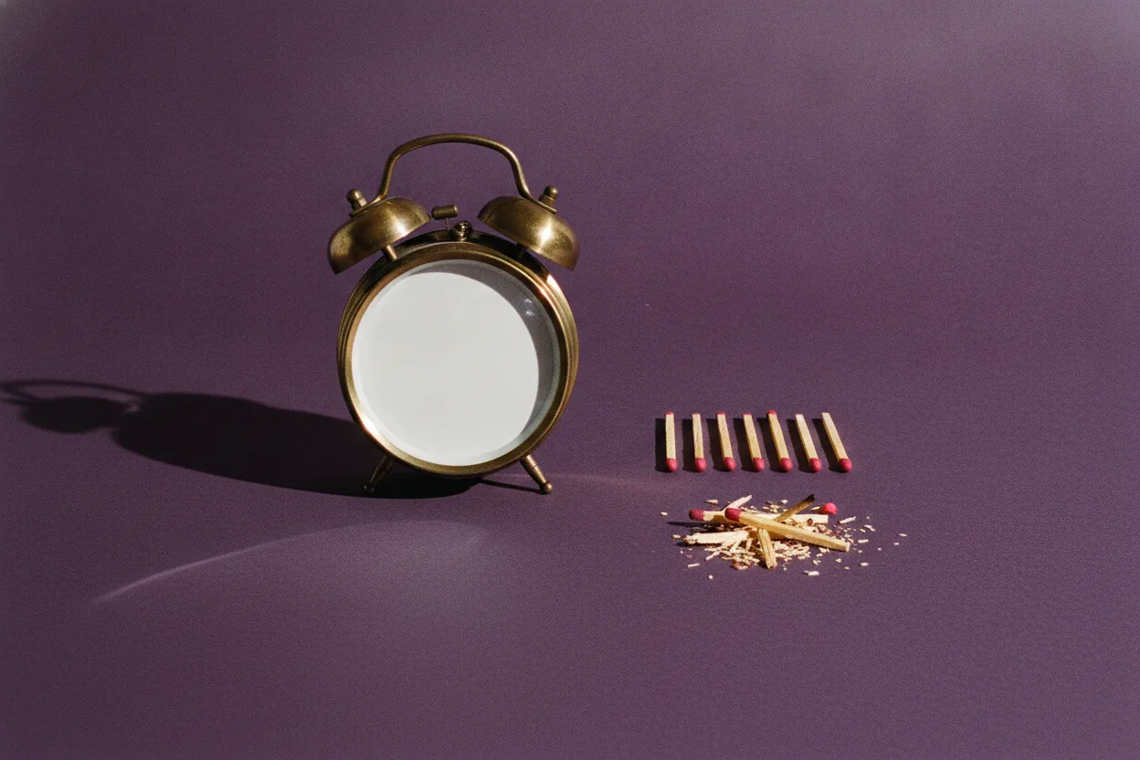A wind-up alarm clock with a blank face on a deep plum backdrop beside five whole matchsticks and one broken one