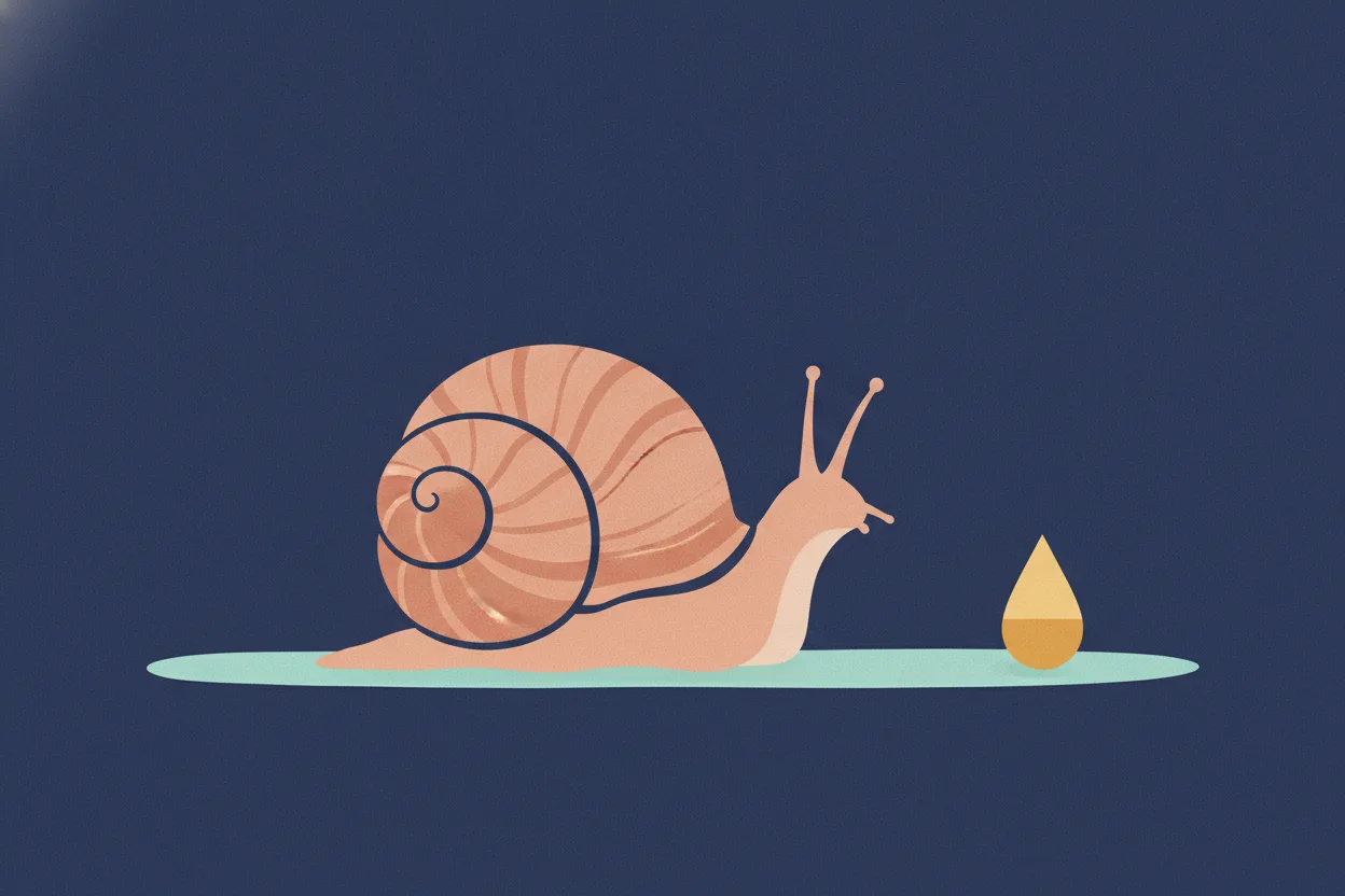 Flat illustration of a peach snail with a swirled shell leaving a pale aqua trail with a small half-filled droplet on a deep indigo background