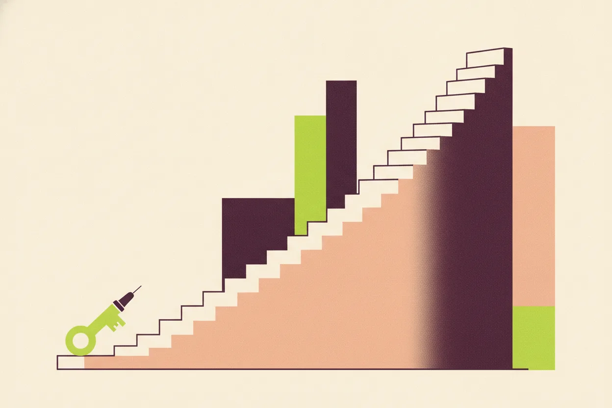 Illustration of a shallow staircase with a small pen-shaped key on the bottom step, beside a faded steeper staircase in plum and chartreuse