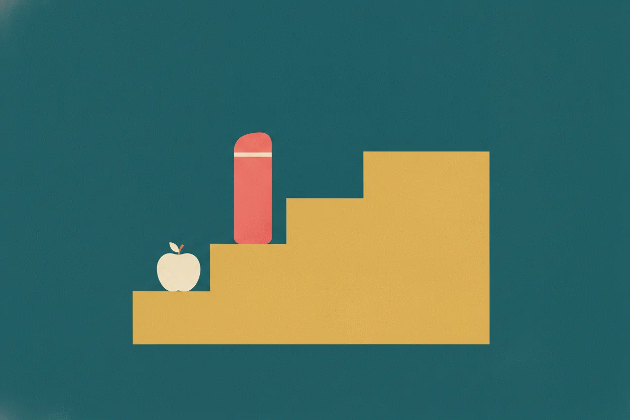 Flat illustration of a short coral block and a cream apple resting on the lowest step of a three-step staircase against teal