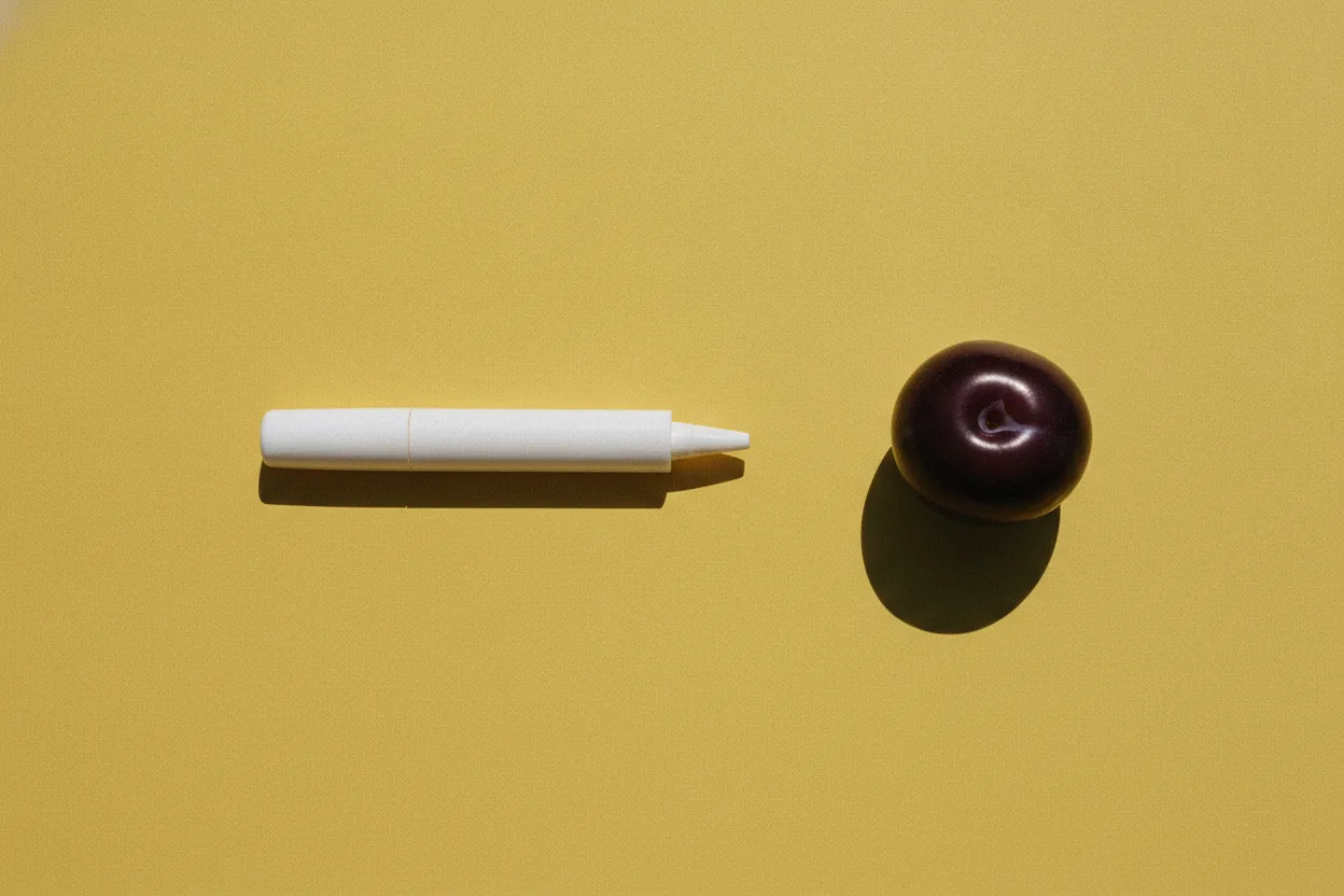 A white injection pen with a plain cap lies on mustard-yellow paper beside a single whole dark purple plum, lit by hard flash.
