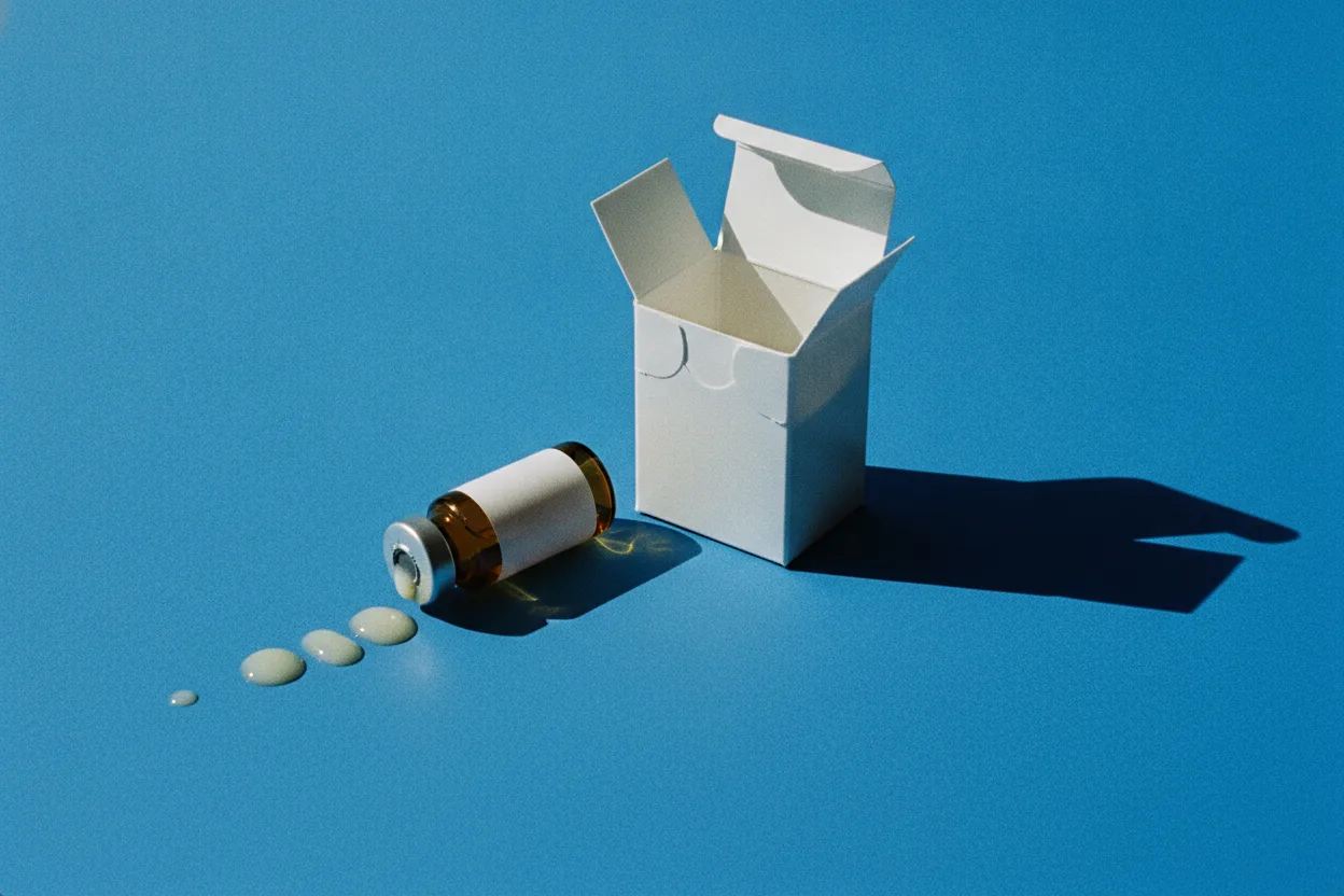 Amber glass vial on its side spilling cream droplets beside an open blank white box on a bright cobalt-blue background