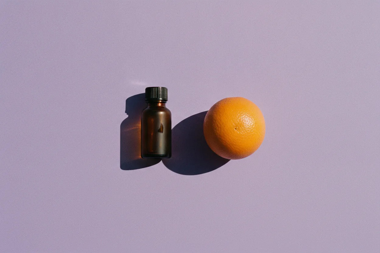 A small amber serum bottle with a black cap beside a whole orange on a flat lilac backdrop, under hard flash