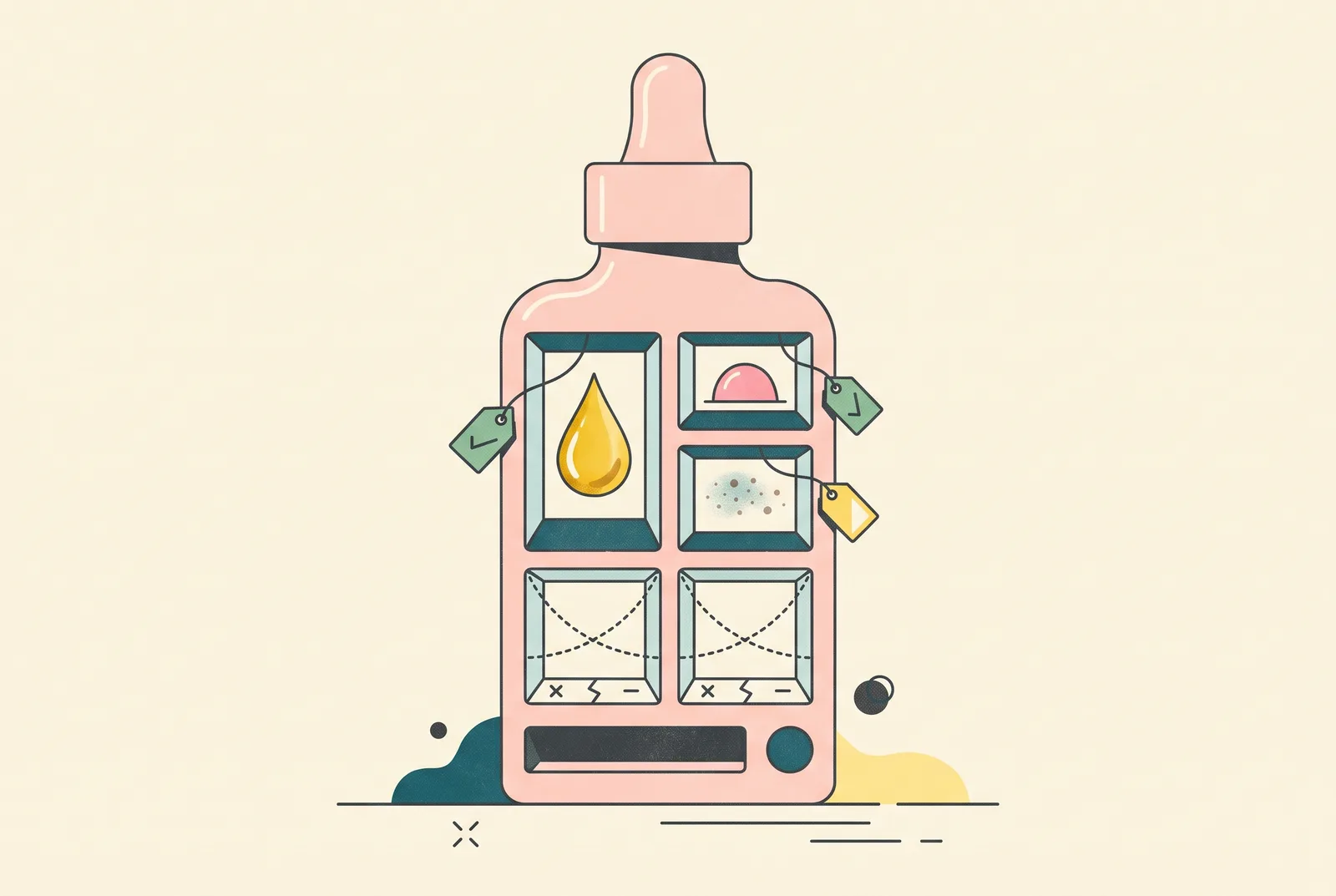Illustrated vending machine shaped like a dropper bottle, with filled slots for oil and acne, a half-lit dark spot slot, and two empty slots.