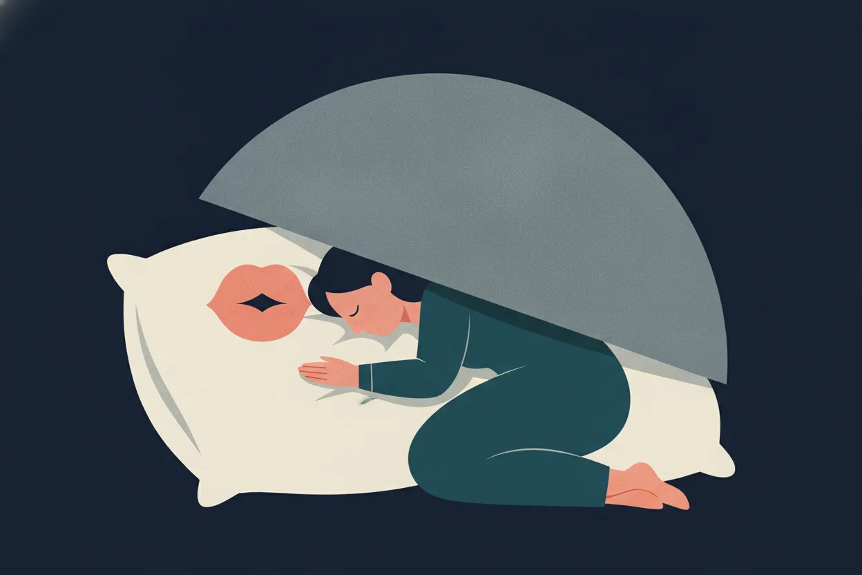 Flat illustration of a sleeping figure on a cream pillow beside a small coral mouth shape covered by a large gray crescent moon on navy.