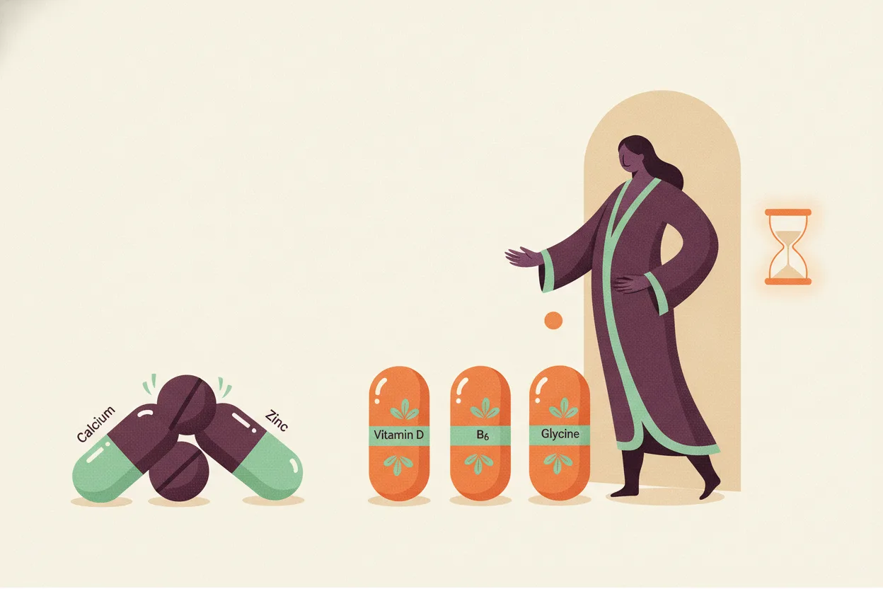 Illustration of a magnesium atom as a host greeting friendly capsules at a door while two pills jostle in the doorway beside an hourglass doorbell