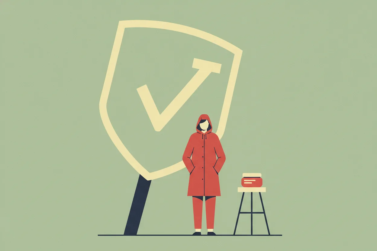 Flat illustration of a figure in a red raincoat standing beside a large blank shield badge and a small round jar on a stool