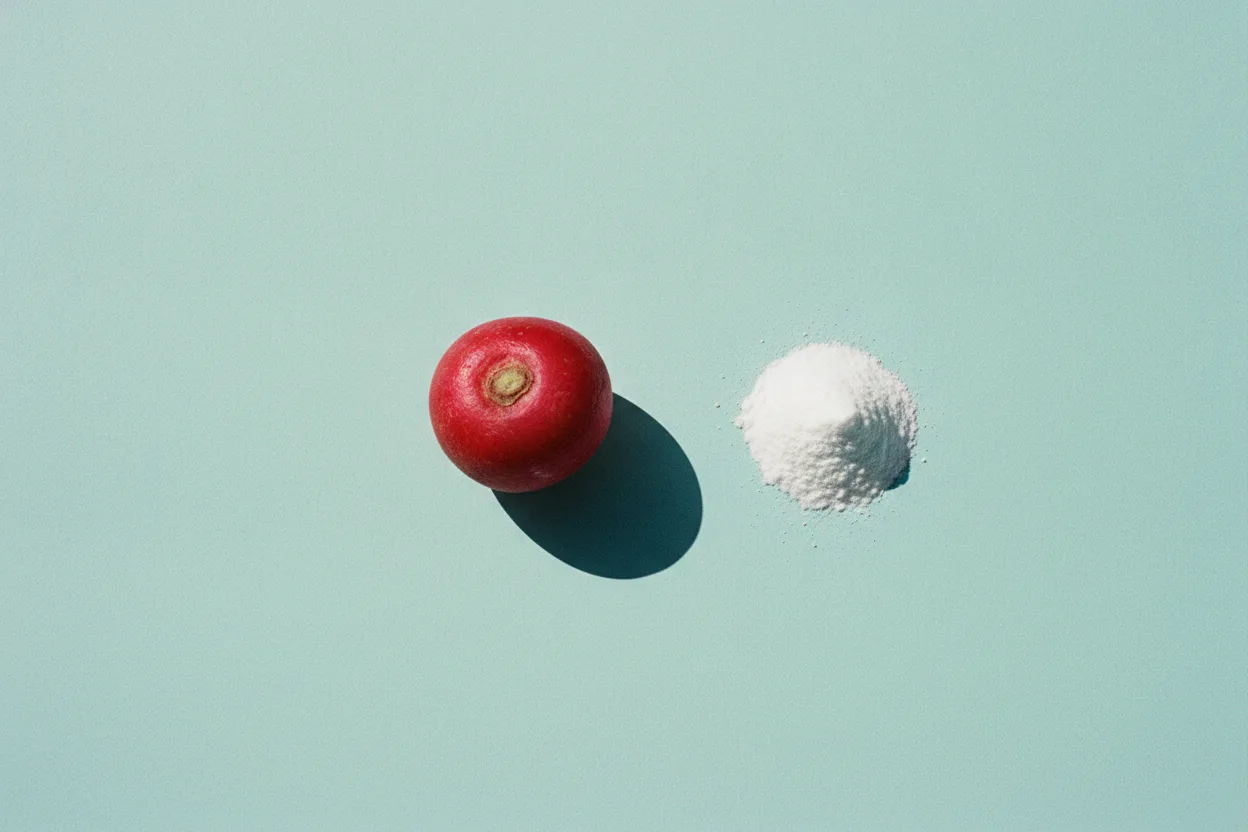 A red radish and a small mound of white baking soda powder sit apart on a pale aqua surface under hard flash